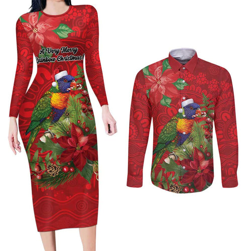 Aussie Rainbow lorikeet Couples Matching Long Sleeve Bodycon Dress and Long Sleeve Button Shirt Aboriginal Inspired Christmas - Aussie Hoodie