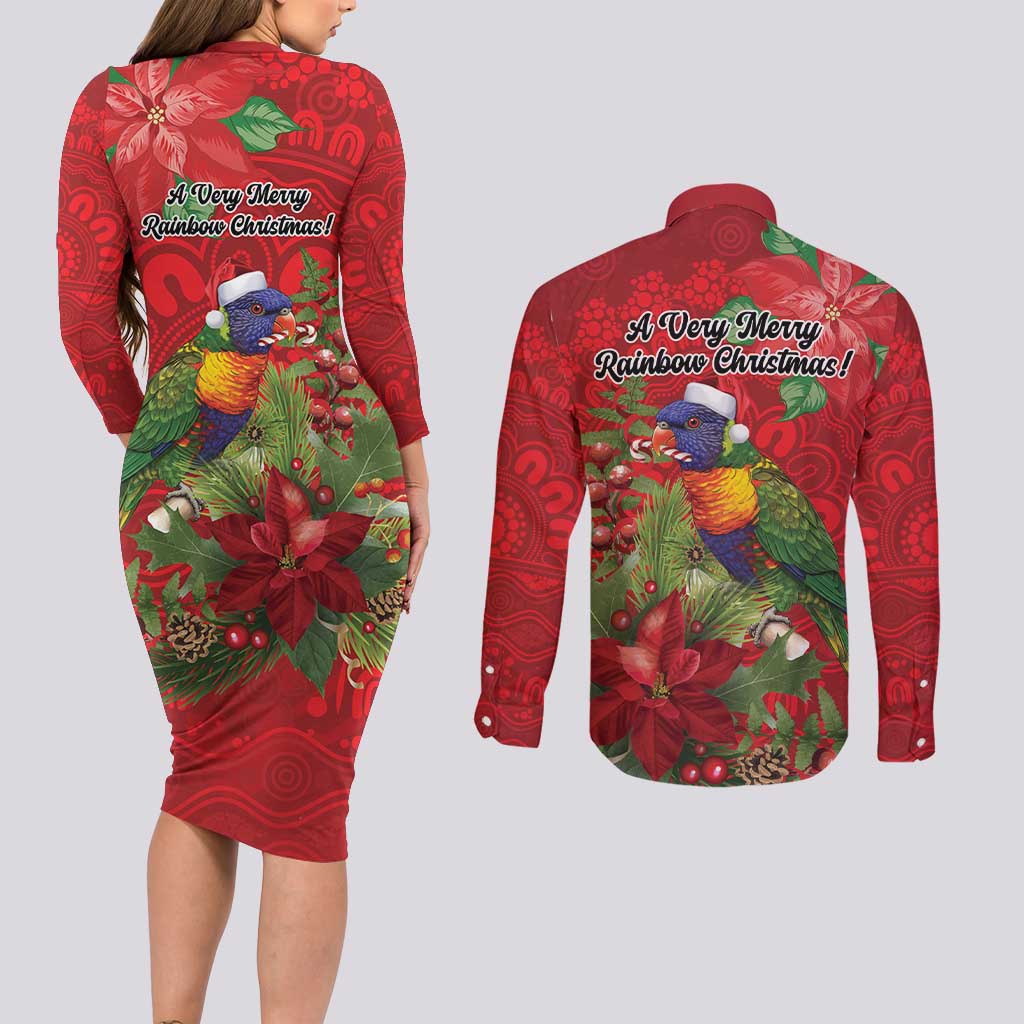 Aussie Rainbow lorikeet Couples Matching Long Sleeve Bodycon Dress and Long Sleeve Button Shirt Aboriginal Inspired Christmas - Aussie Hoodie