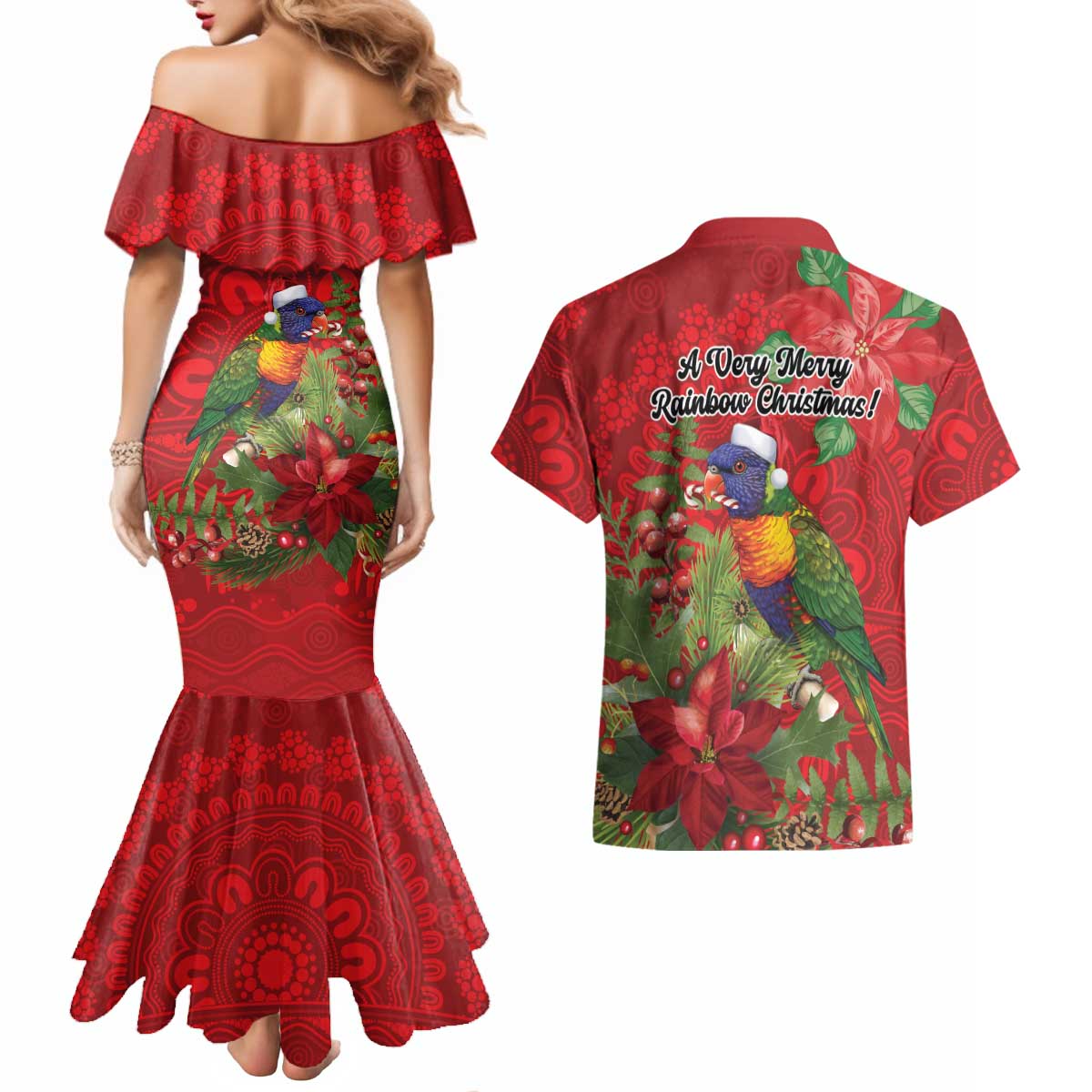 Aussie Rainbow lorikeet Couples Matching Mermaid Dress and Hawaiian Shirt Aboriginal Inspired Christmas - Aussie Hoodie