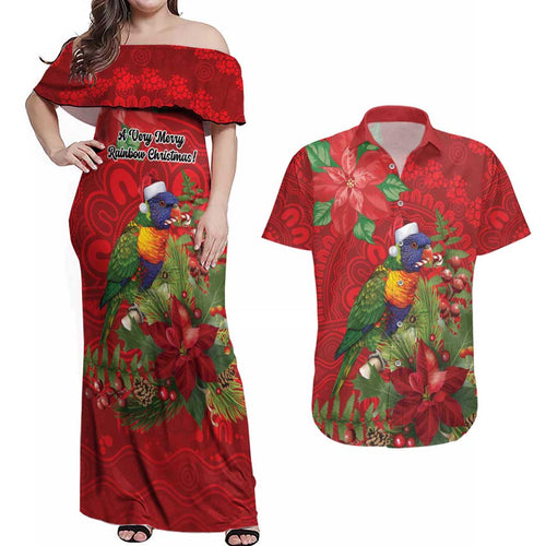 Aussie Rainbow lorikeet Couples Matching Off Shoulder Maxi Dress and Hawaiian Shirt Aboriginal Inspired Christmas - Aussie Hoodie