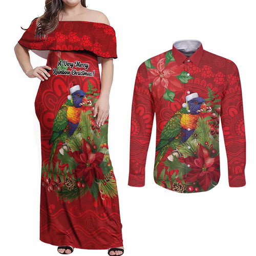 Aussie Rainbow lorikeet Couples Matching Off Shoulder Maxi Dress and Long Sleeve Button Shirt Aboriginal Inspired Christmas - Aussie Hoodie