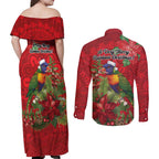 Aussie Rainbow lorikeet Couples Matching Off Shoulder Maxi Dress and Long Sleeve Button Shirt Aboriginal Inspired Christmas - Aussie Hoodie