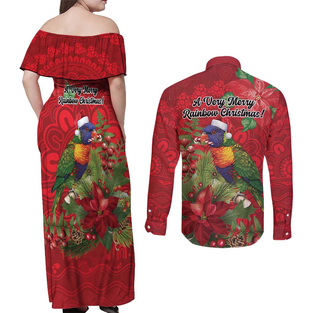 Aussie Rainbow lorikeet Couples Matching Off Shoulder Maxi Dress and Long Sleeve Button Shirt Aboriginal Inspired Christmas - Aussie Hoodie