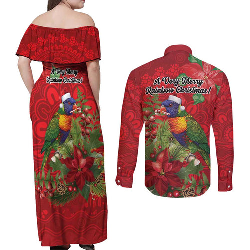 Aussie Rainbow lorikeet Couples Matching Off Shoulder Maxi Dress and Long Sleeve Button Shirt Aboriginal Inspired Christmas - Aussie Hoodie