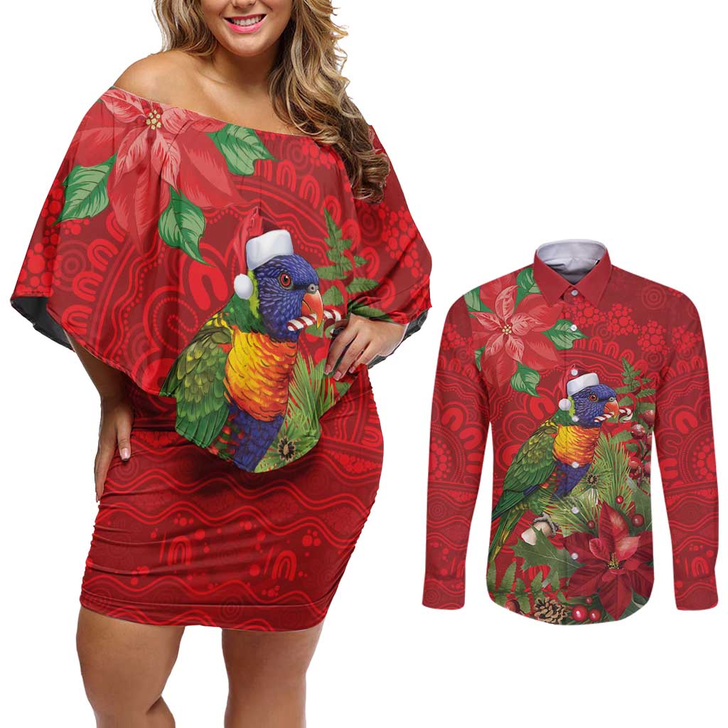 Aussie Rainbow lorikeet Couples Matching Off Shoulder Short Dress and Long Sleeve Button Shirt Aboriginal Inspired Christmas - Aussie Hoodie