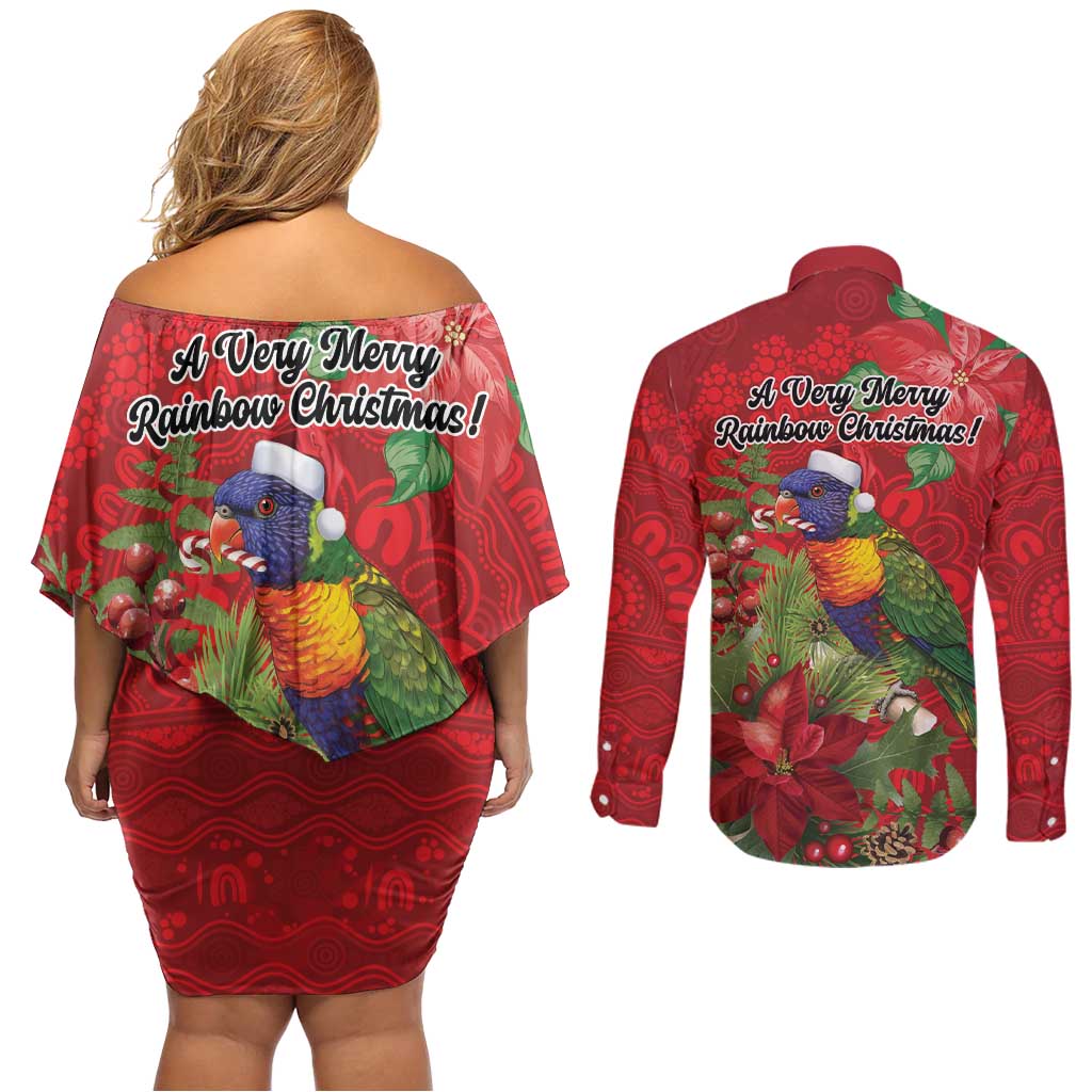 Aussie Rainbow lorikeet Couples Matching Off Shoulder Short Dress and Long Sleeve Button Shirt Aboriginal Inspired Christmas - Aussie Hoodie