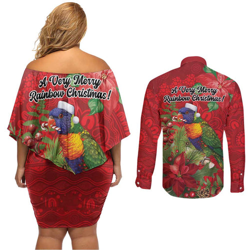 Aussie Rainbow lorikeet Couples Matching Off Shoulder Short Dress and Long Sleeve Button Shirt Aboriginal Inspired Christmas - Aussie Hoodie