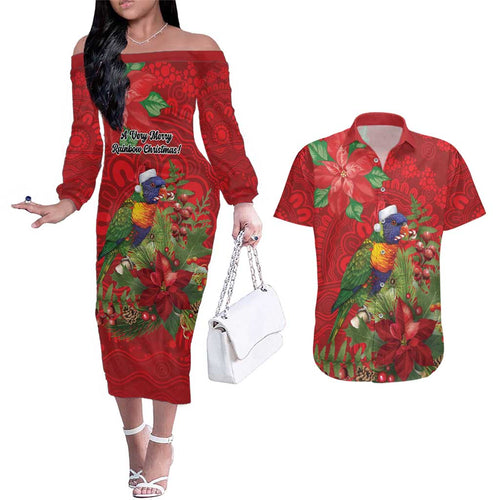 Aussie Rainbow lorikeet Couples Matching Off The Shoulder Long Sleeve Dress and Hawaiian Shirt Aboriginal Inspired Christmas - Aussie Hoodie