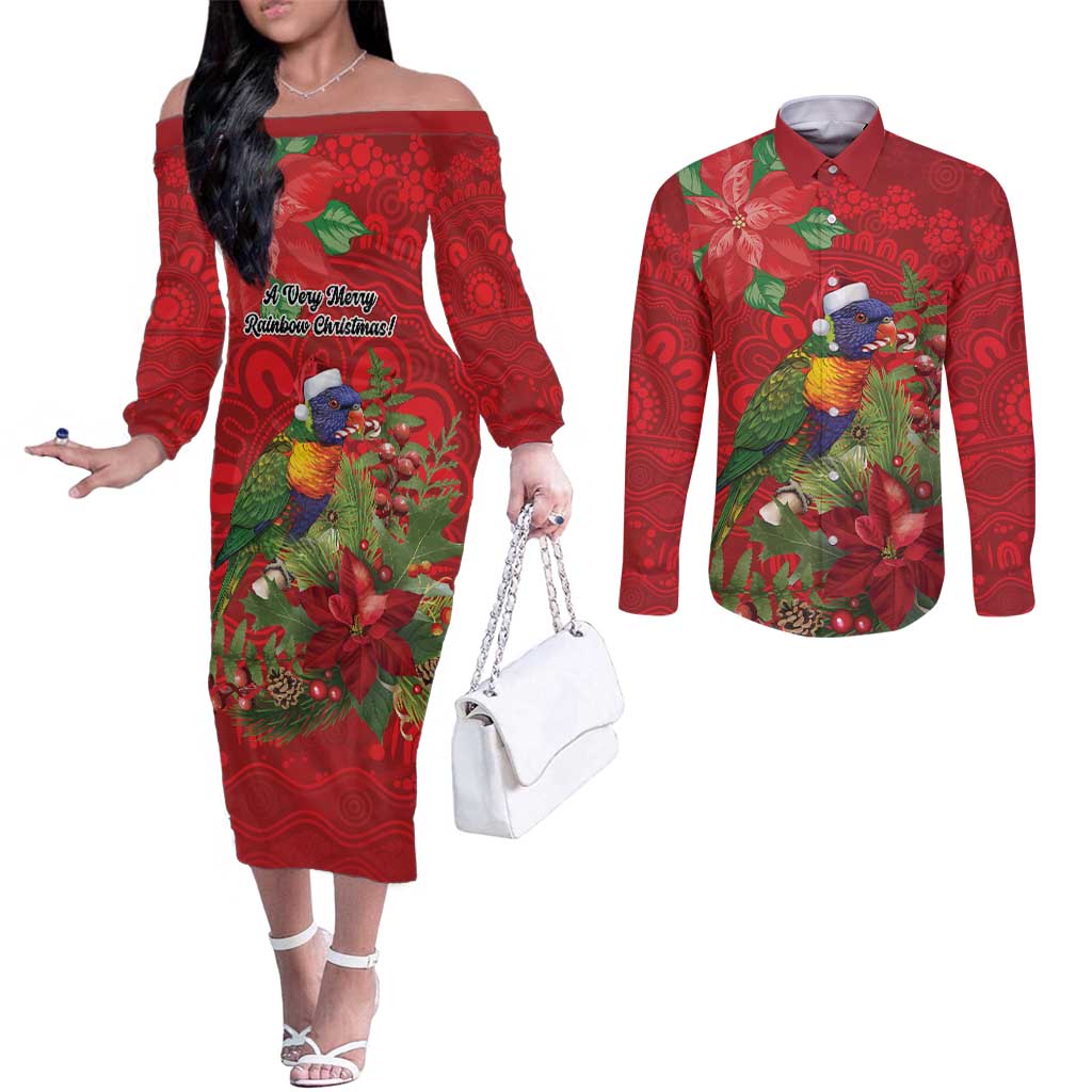 Aussie Rainbow lorikeet Couples Matching Off The Shoulder Long Sleeve Dress and Long Sleeve Button Shirt Aboriginal Inspired Christmas - Aussie Hoodie