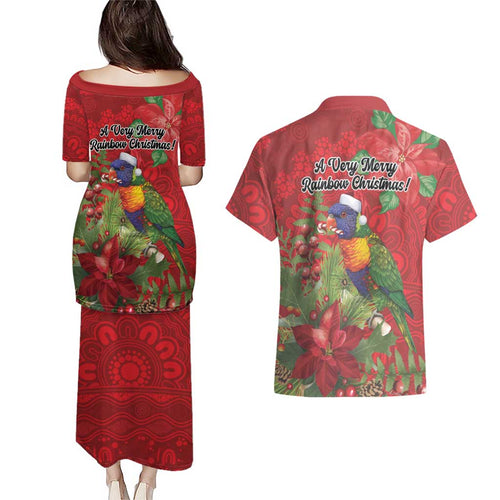 Aussie Rainbow lorikeet Couples Matching Puletasi and Hawaiian Shirt Aboriginal Inspired Christmas - undefined