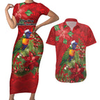 Aussie Rainbow lorikeet Couples Matching Short Sleeve Bodycon Dress and Hawaiian Shirt Aboriginal Inspired Christmas - Aussie Hoodie