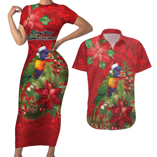 Aussie Rainbow lorikeet Couples Matching Short Sleeve Bodycon Dress and Hawaiian Shirt Aboriginal Inspired Christmas - Aussie Hoodie