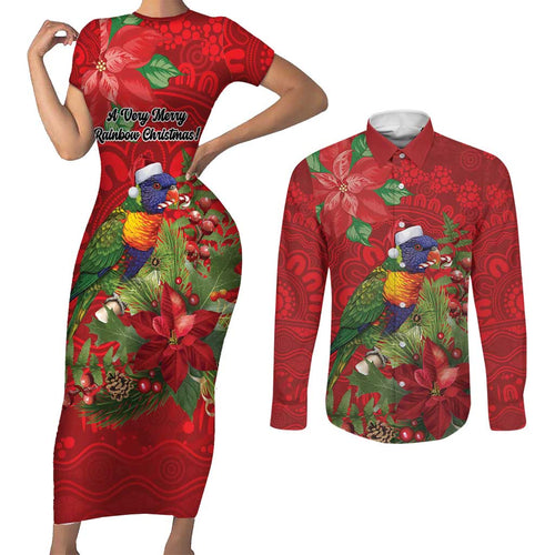 Aussie Rainbow lorikeet Couples Matching Short Sleeve Bodycon Dress and Long Sleeve Button Shirt Aboriginal Inspired Christmas - Aussie Hoodie
