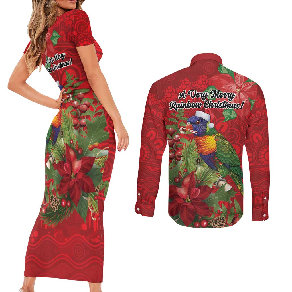 Aussie Rainbow lorikeet Couples Matching Short Sleeve Bodycon Dress and Long Sleeve Button Shirt Aboriginal Inspired Christmas - Aussie Hoodie