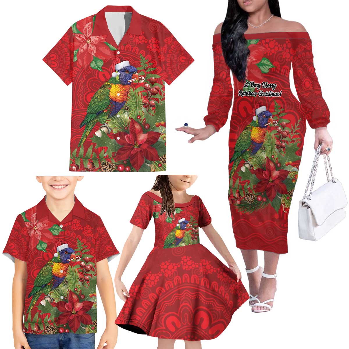 Aussie Rainbow lorikeet Family Matching Off The Shoulder Long Sleeve Dress and Hawaiian Shirt Aboriginal Inspired Christmas - Aussie Hoodie
