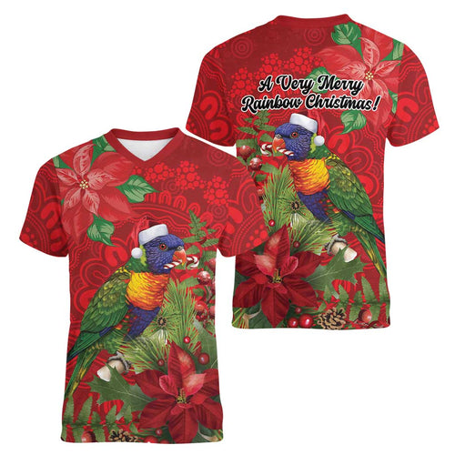 Aussie Rainbow lorikeet Women V-Neck T-Shirt Aboriginal Inspired Christmas - Aussie Hoodie
