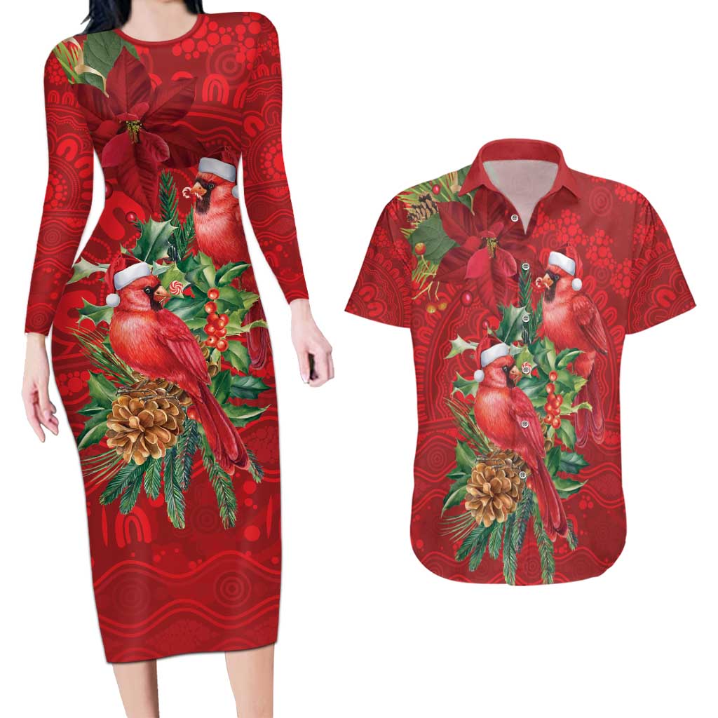 Aussie Red Cardinal Couples Matching Long Sleeve Bodycon Dress and Hawaiian Shirt Aboriginal Inspired Christmas - Aussie Hoodie