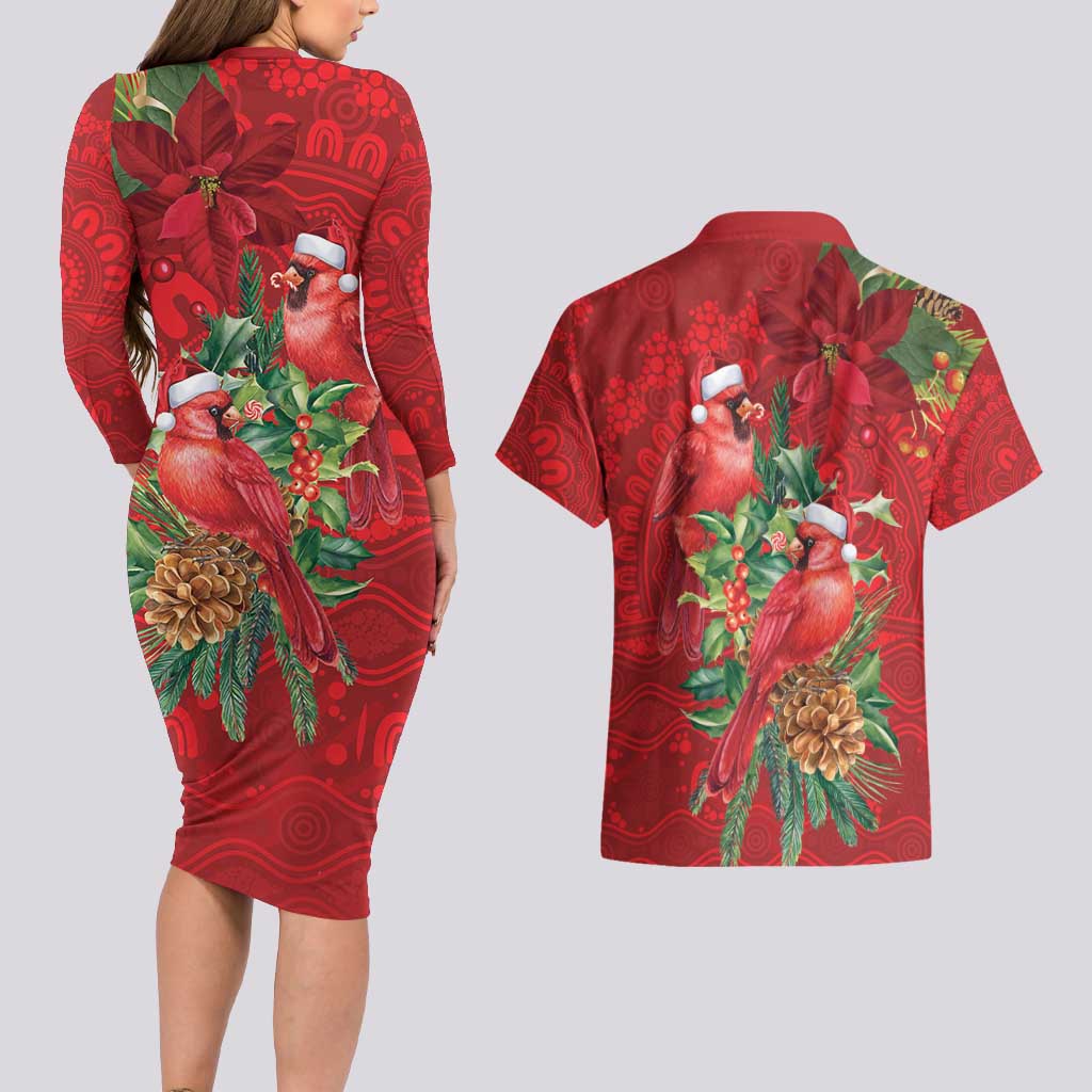 Aussie Red Cardinal Couples Matching Long Sleeve Bodycon Dress and Hawaiian Shirt Aboriginal Inspired Christmas - Aussie Hoodie