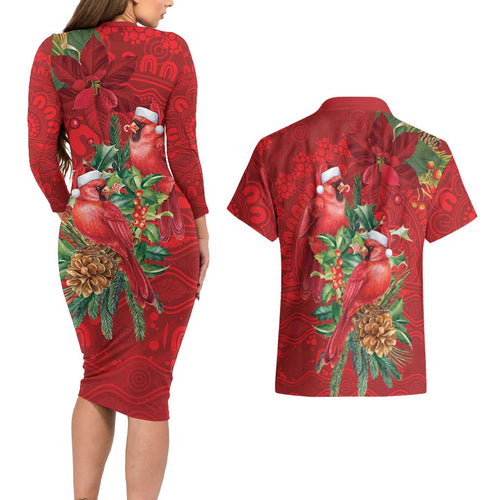 Aussie Red Cardinal Couples Matching Long Sleeve Bodycon Dress and Hawaiian Shirt Aboriginal Inspired Christmas - Aussie Hoodie