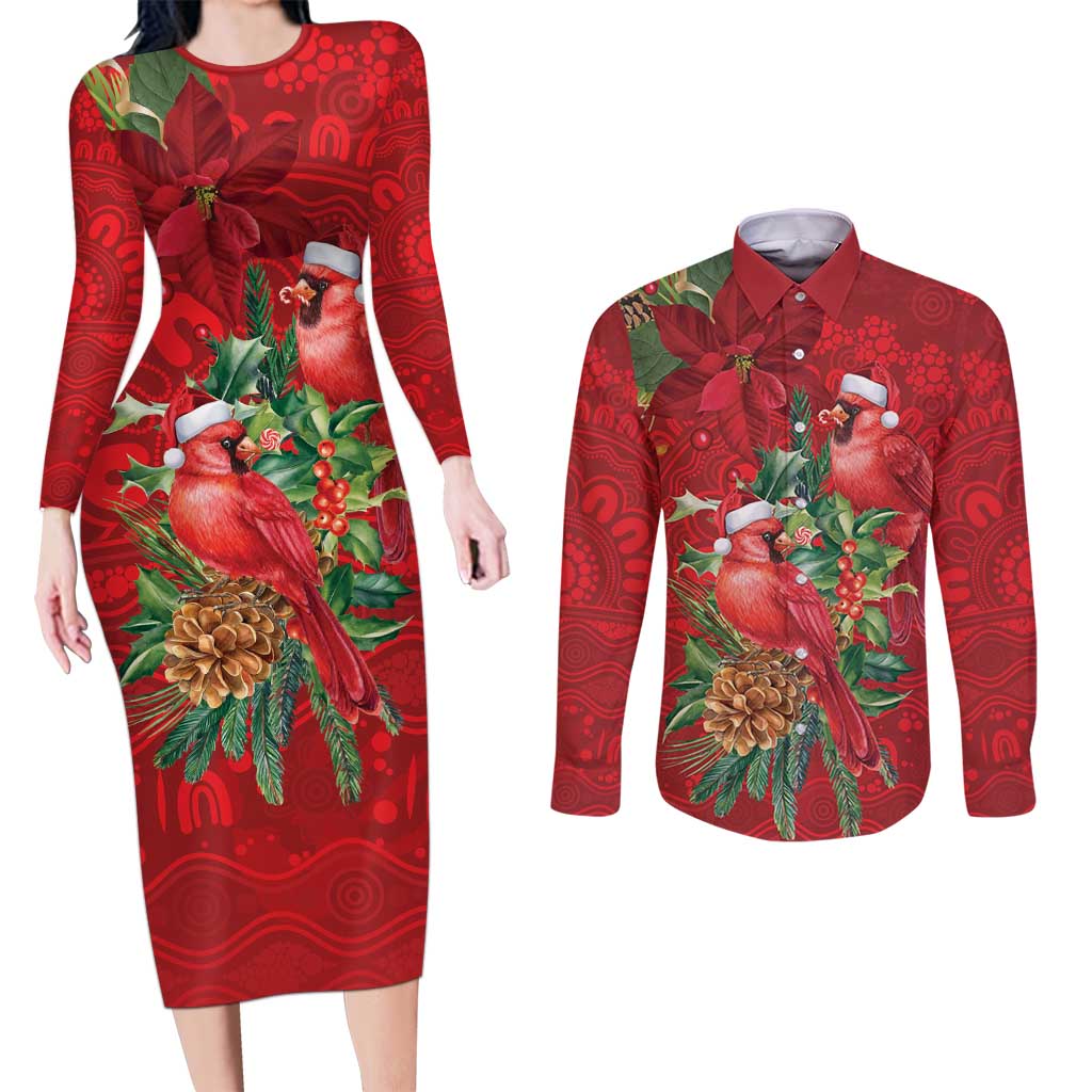 Aussie Red Cardinal Couples Matching Long Sleeve Bodycon Dress and Long Sleeve Button Shirt Aboriginal Inspired Christmas - Aussie Hoodie