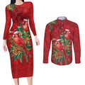 Aussie Red Cardinal Couples Matching Long Sleeve Bodycon Dress and Long Sleeve Button Shirt Aboriginal Inspired Christmas - Aussie Hoodie