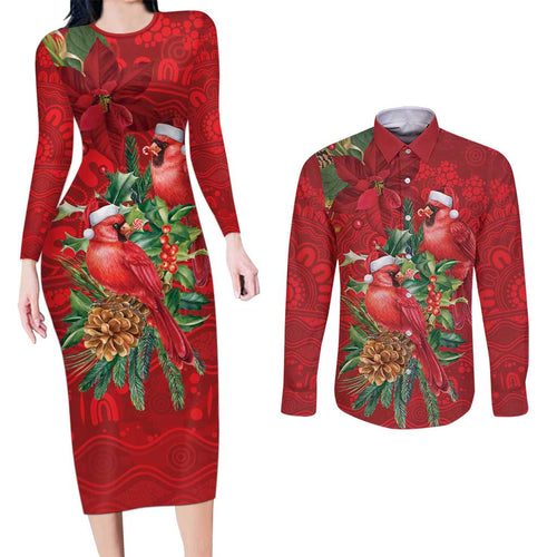 Aussie Red Cardinal Couples Matching Long Sleeve Bodycon Dress and Long Sleeve Button Shirt Aboriginal Inspired Christmas - Aussie Hoodie
