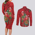 Aussie Red Cardinal Couples Matching Long Sleeve Bodycon Dress and Long Sleeve Button Shirt Aboriginal Inspired Christmas - Aussie Hoodie