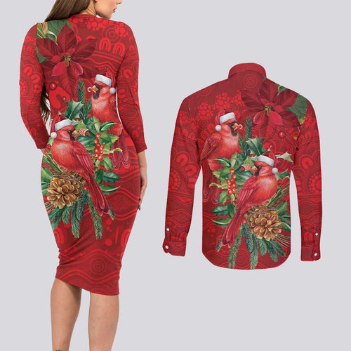 Aussie Red Cardinal Couples Matching Long Sleeve Bodycon Dress and Long Sleeve Button Shirt Aboriginal Inspired Christmas - Aussie Hoodie