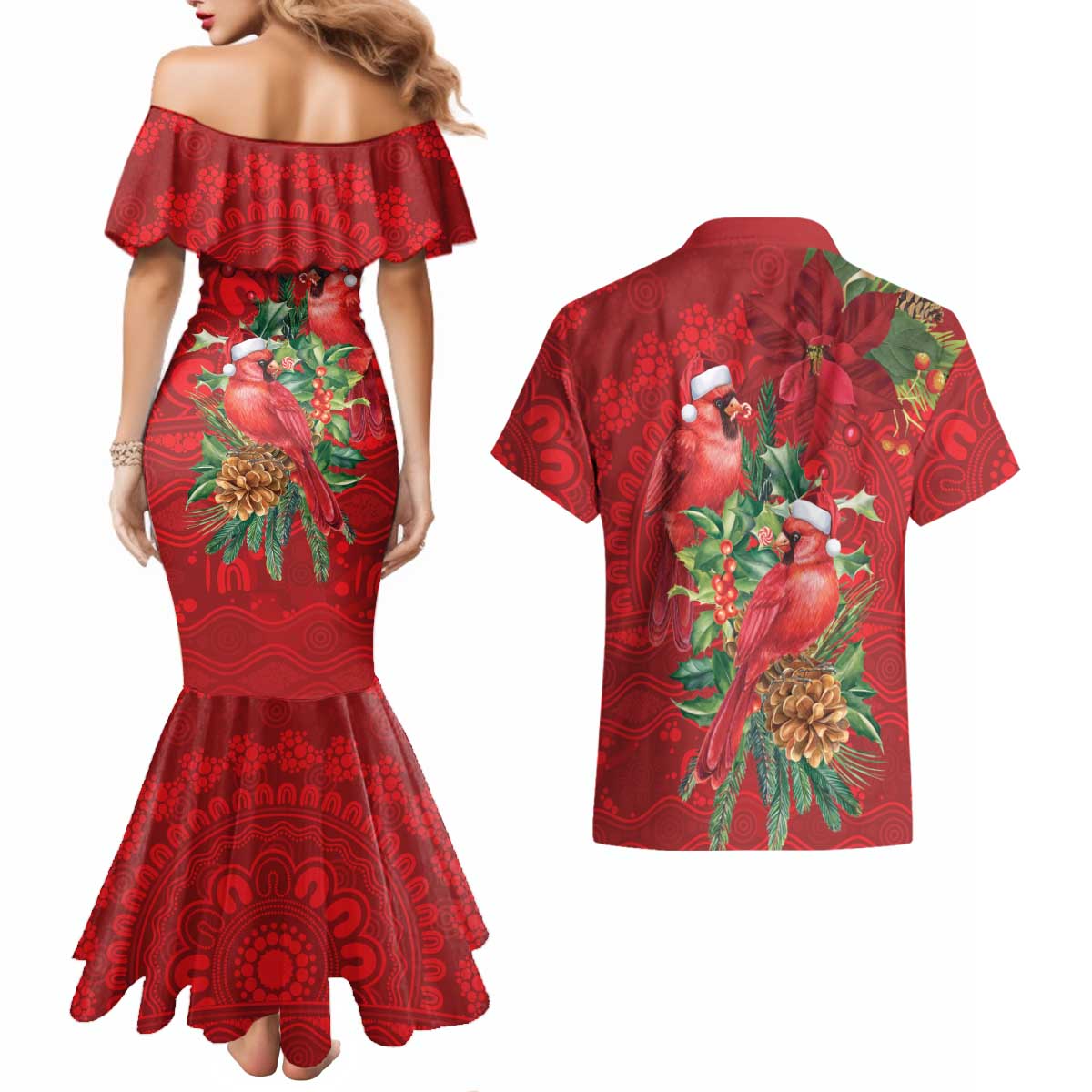 Aussie Red Cardinal Couples Matching Mermaid Dress and Hawaiian Shirt Aboriginal Inspired Christmas - Aussie Hoodie