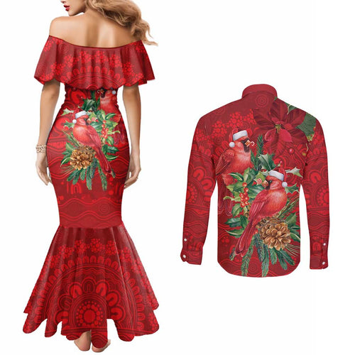 Aussie Red Cardinal Couples Matching Mermaid Dress and Long Sleeve Button Shirt Aboriginal Inspired Christmas - Aussie Hoodie