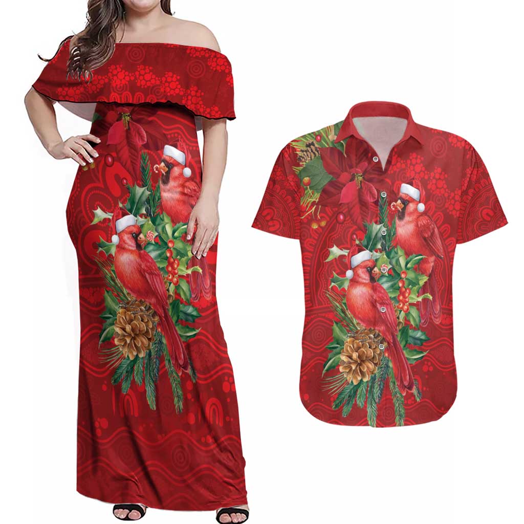 Aussie Red Cardinal Couples Matching Off Shoulder Maxi Dress and Hawaiian Shirt Aboriginal Inspired Christmas - Aussie Hoodie