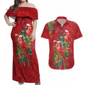 Aussie Red Cardinal Couples Matching Off Shoulder Maxi Dress and Hawaiian Shirt Aboriginal Inspired Christmas - Aussie Hoodie