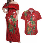 Aussie Red Cardinal Couples Matching Off Shoulder Maxi Dress and Hawaiian Shirt Aboriginal Inspired Christmas - Aussie Hoodie