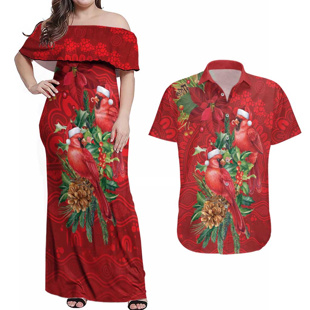 Aussie Red Cardinal Couples Matching Off Shoulder Maxi Dress and Hawaiian Shirt Aboriginal Inspired Christmas - Aussie Hoodie