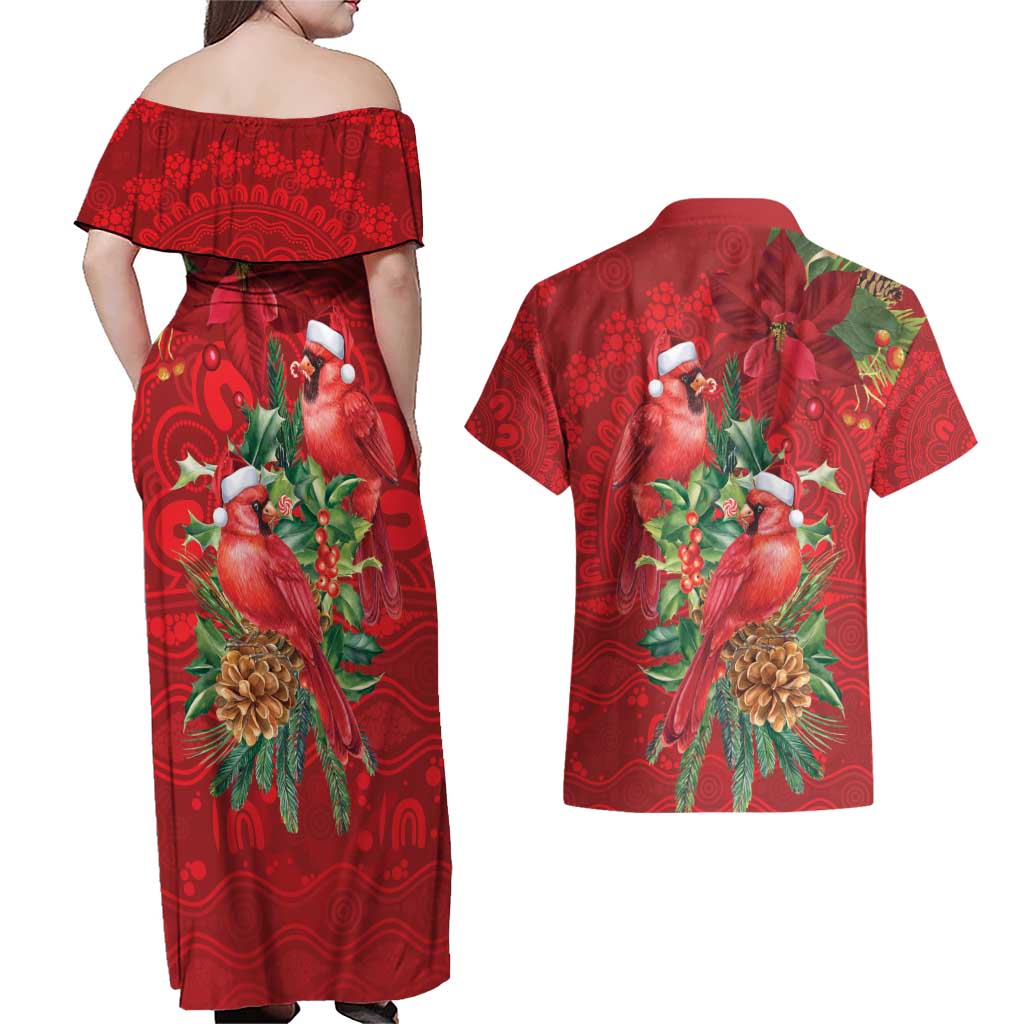 Aussie Red Cardinal Couples Matching Off Shoulder Maxi Dress and Hawaiian Shirt Aboriginal Inspired Christmas - Aussie Hoodie
