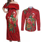 Aussie Red Cardinal Couples Matching Off Shoulder Maxi Dress and Long Sleeve Button Shirt Aboriginal Inspired Christmas - Aussie Hoodie