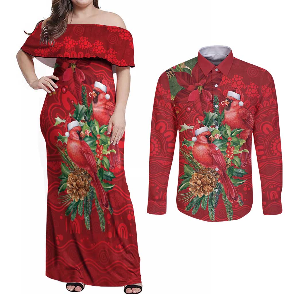 Aussie Red Cardinal Couples Matching Off Shoulder Maxi Dress and Long Sleeve Button Shirt Aboriginal Inspired Christmas - Aussie Hoodie