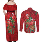 Aussie Red Cardinal Couples Matching Off Shoulder Maxi Dress and Long Sleeve Button Shirt Aboriginal Inspired Christmas - Aussie Hoodie