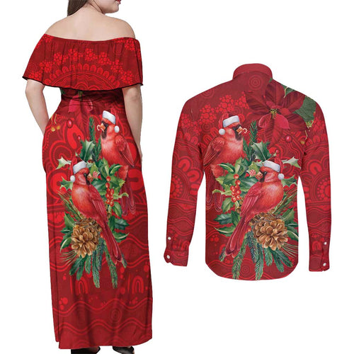 Aussie Red Cardinal Couples Matching Off Shoulder Maxi Dress and Long Sleeve Button Shirt Aboriginal Inspired Christmas - Aussie Hoodie