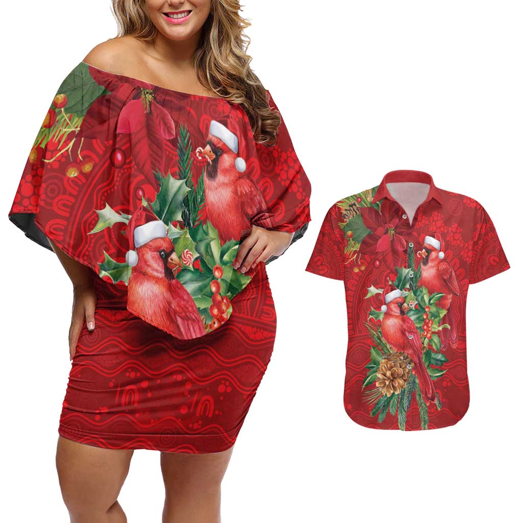 Aussie Red Cardinal Couples Matching Off Shoulder Short Dress and Hawaiian Shirt Aboriginal Inspired Christmas - Aussie Hoodie