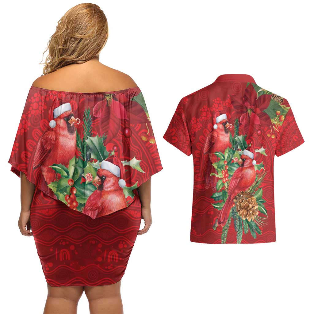 Aussie Red Cardinal Couples Matching Off Shoulder Short Dress and Hawaiian Shirt Aboriginal Inspired Christmas - Aussie Hoodie