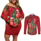 Aussie Red Cardinal Couples Matching Off Shoulder Short Dress and Long Sleeve Button Shirt Aboriginal Inspired Christmas - Aussie Hoodie