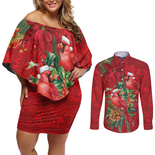 Aussie Red Cardinal Couples Matching Off Shoulder Short Dress and Long Sleeve Button Shirt Aboriginal Inspired Christmas - Aussie Hoodie