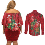 Aussie Red Cardinal Couples Matching Off Shoulder Short Dress and Long Sleeve Button Shirt Aboriginal Inspired Christmas - Aussie Hoodie