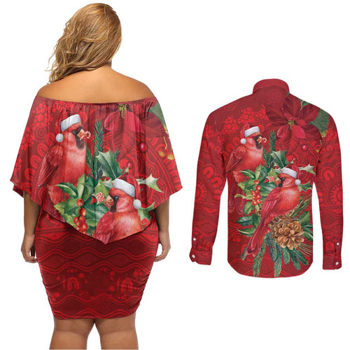 Aussie Red Cardinal Couples Matching Off Shoulder Short Dress and Long Sleeve Button Shirt Aboriginal Inspired Christmas - Aussie Hoodie