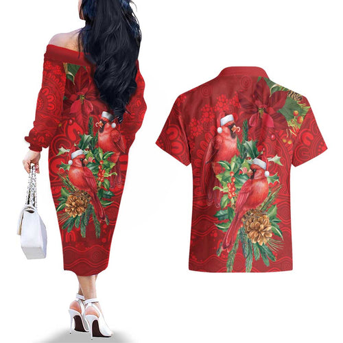 Aussie Red Cardinal Couples Matching Off The Shoulder Long Sleeve Dress and Hawaiian Shirt Aboriginal Inspired Christmas - Aussie Hoodie