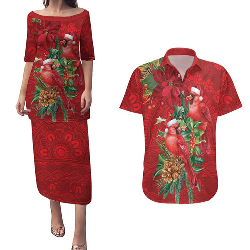 Aussie Red Cardinal Couples Matching Puletasi and Hawaiian Shirt Aboriginal Inspired Christmas - Aussie Hoodie
