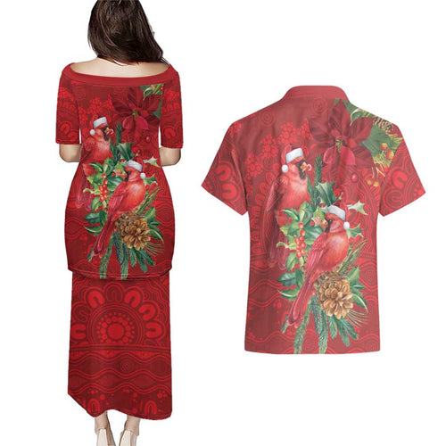 Aussie Red Cardinal Couples Matching Puletasi and Hawaiian Shirt Aboriginal Inspired Christmas - Aussie Hoodie