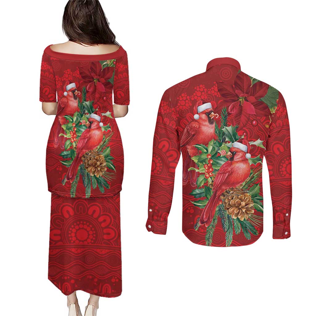 Aussie Red Cardinal Couples Matching Puletasi and Long Sleeve Button Shirt Aboriginal Inspired Christmas - Aussie Hoodie