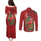 Aussie Red Cardinal Couples Matching Puletasi and Long Sleeve Button Shirt Aboriginal Inspired Christmas - Aussie Hoodie